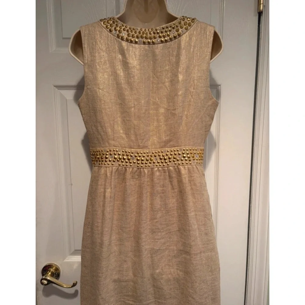 Kate Spade New York Gold Metallic Linen Studded Sheath Dress NJMU1225 Womens 4